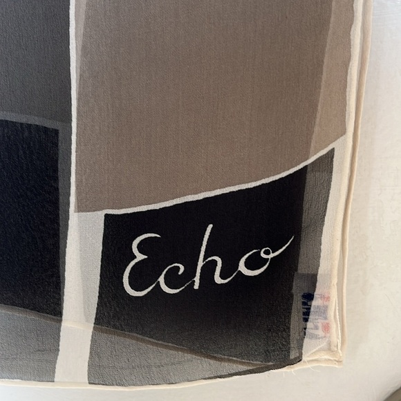 Vintage Echo Modern Geometric Sheer Silk Long Silk Scarf  Black, Gray, Red - Picture 2 of 9